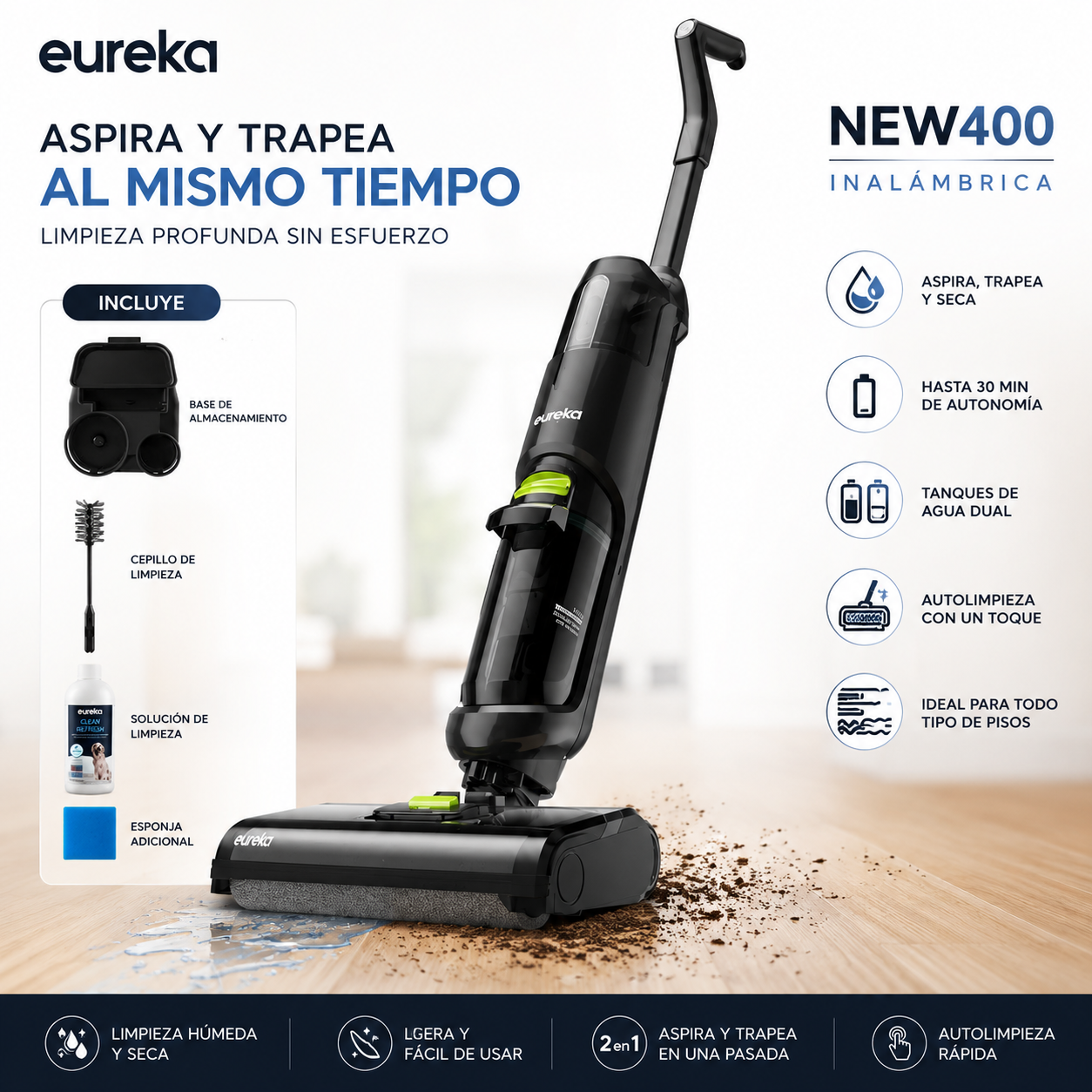 Aspiradora Eureka NEW400 2 en 1 - Aspira y Trapea al Mismo Tiempo