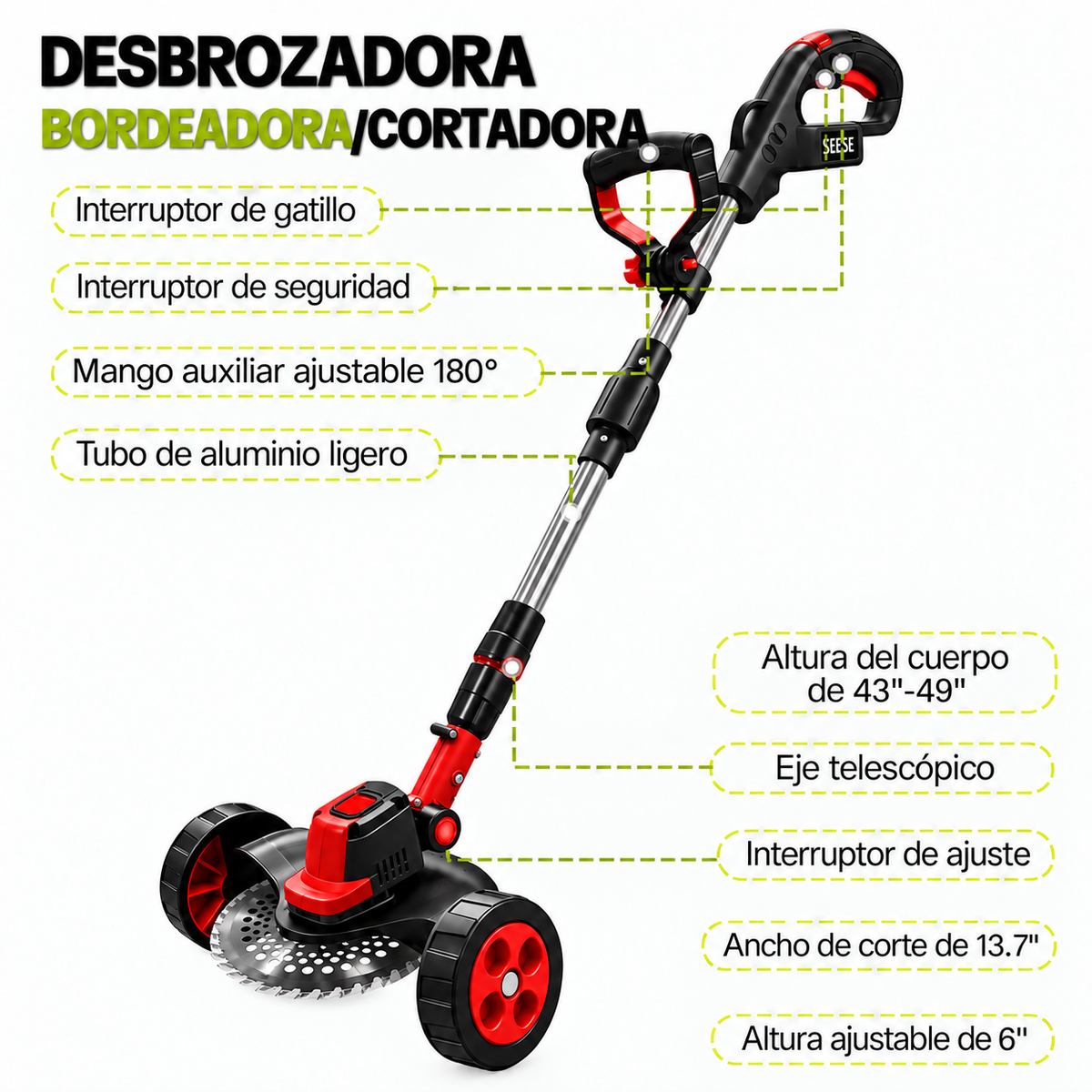 Podadora Inalambrica Cesped Ruedas