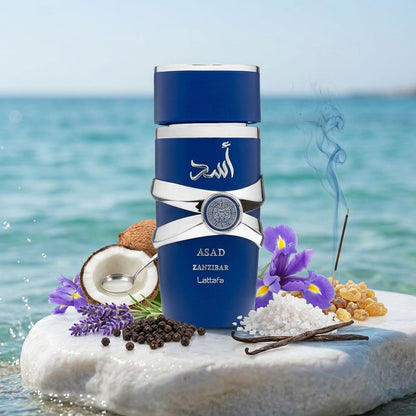 Lattafa Asad Zanzibar con sus notas: pimienta negra, lavanda, agua de coco, iris, sal, vainilla e incienso